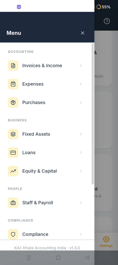 KAI accounting app menu showing invoices, expenses, fixed assets, loans, and payroll