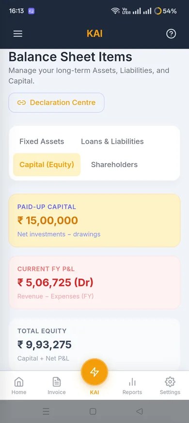 KAI balance sheet report showing paid-up capital, current FY profit and loss, and total equity