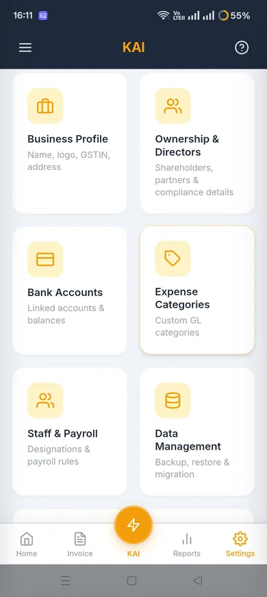 KAI business settings screen with payroll, bank accounts, and expense category management