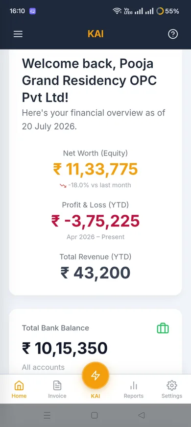 KAI GST accounting app dashboard showing net worth, profit and loss, and bank balance overview