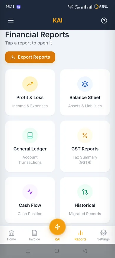 KAI financial reports menu with GST reports, balance sheet, and cash flow statements