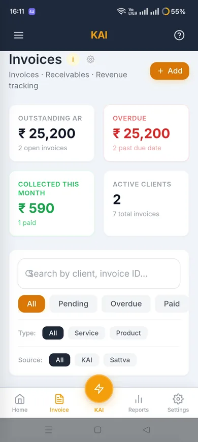 KAI GST invoice app showing outstanding receivables, overdue invoices, and active clients