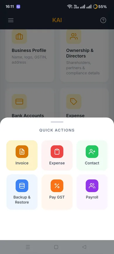 KAI quick actions for creating invoices, paying GST, and running payroll