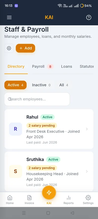 KAI staff and payroll management screen listing employees and pending salaries