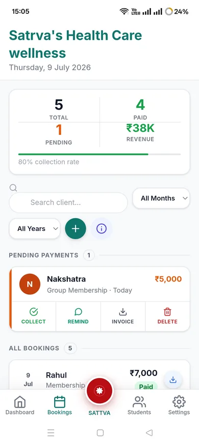 Sattva booking app tracking paid and pending client payments with collection rate