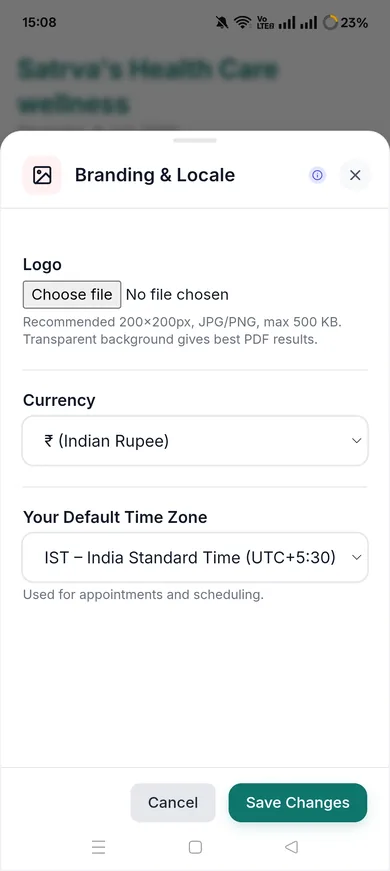 Sattva branding and locale settings with logo, currency, and time zone
