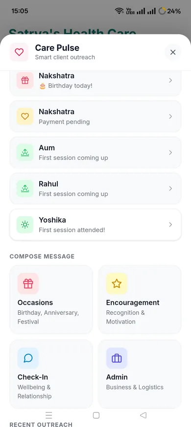 Sattva Care Pulse showing birthday reminders and first-session client outreach