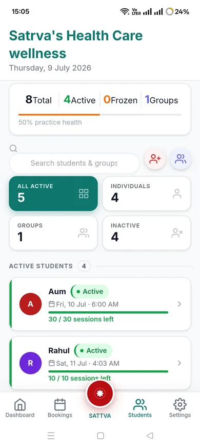 Sattva client and student management screen with active, group, and inactive status