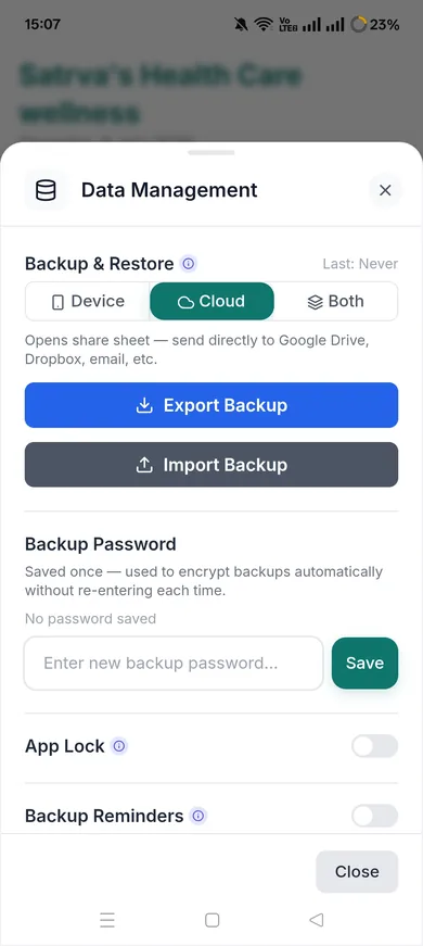 Sattva encrypted backup and restore screen with cloud export options