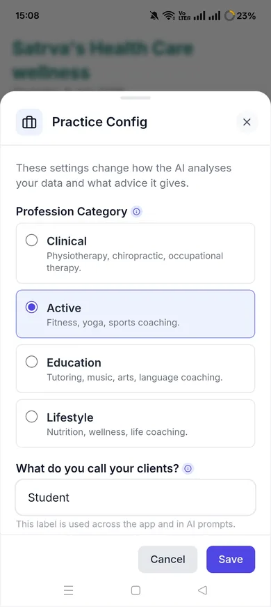 Sattva holistic practitioner profile with profession category and client labeling