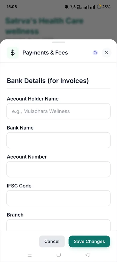 Sattva invoice payment settings with bank account details
