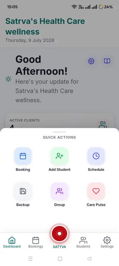 Sattva quick actions for booking, adding students, and Care Pulse client outreach