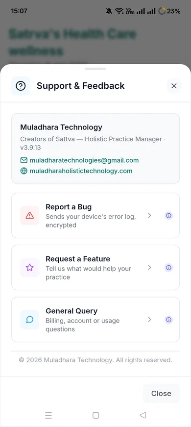 Sattva support and feedback screen for holistic practice management app