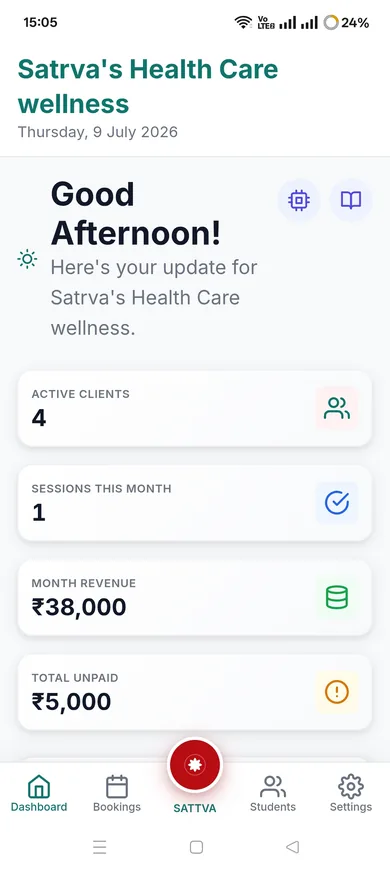 Sattva wellness practice dashboard with active clients, sessions, and monthly revenue