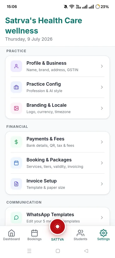 Sattva practice settings with WhatsApp message templates and booking configuration