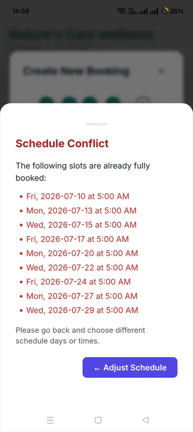 Sattva booking scheduler showing yoga class time-slot conflict detection