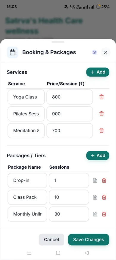 Sattva yoga studio booking packages with class pricing and session tiers